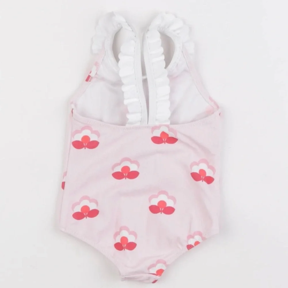 Jacadi Baby Girl Ruffle Swimsuit 3-6M Pink Floral One Piece Infant Swim